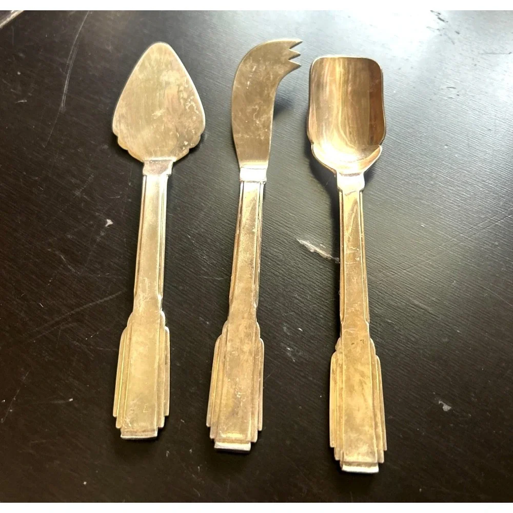 Vintage Godinger Japan Silverplate Serving Set 3 Art Deco Ice Spoon and Knives